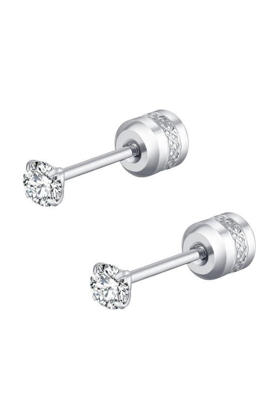 Women'S Cubic Zirconia Earrings Classic Cubic Zirconia Earrings Lady Pack Of Titanium Screw Back Earrings For Sensitive Ears Titanium Steel Thin Cylinder Simple Diamond Encrusted Earrings