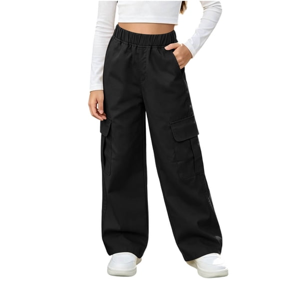 BNOXUT Teen Girl's Cargo Pants Wide Leg Elastic High Waist Child Girl Casual Workout Running Hiking Trousers with Multi-pocket(9-10Years,Black)