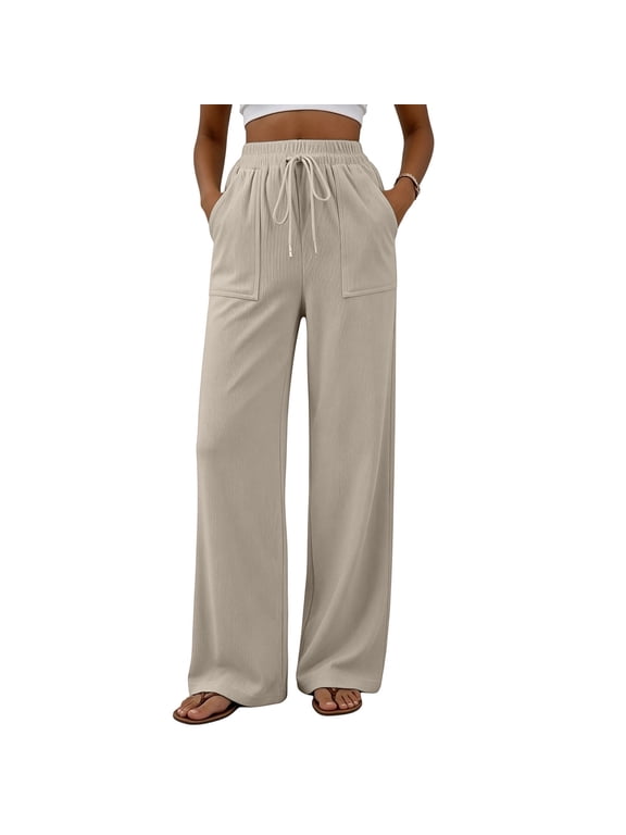 Women's Corduroy Pants Drawstring Elastic High Waist Wide Leg Casual Outdoor Loose Trousers with Pockets(XX-Large,Beige)