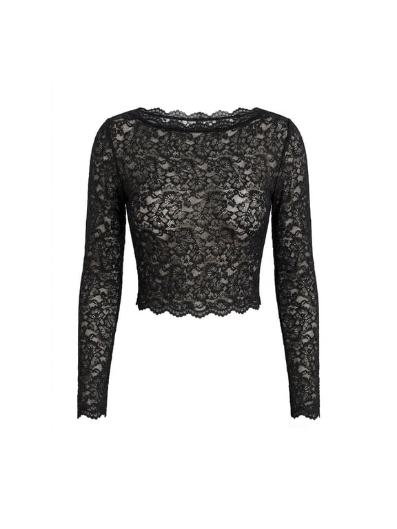Women's Long Sleeve Tops Crewneck Sheer Mesh Base Layer Shirts Stretchy Fashion Casual Lightweight Breathable Comfy Going out Tops(Small,Black)