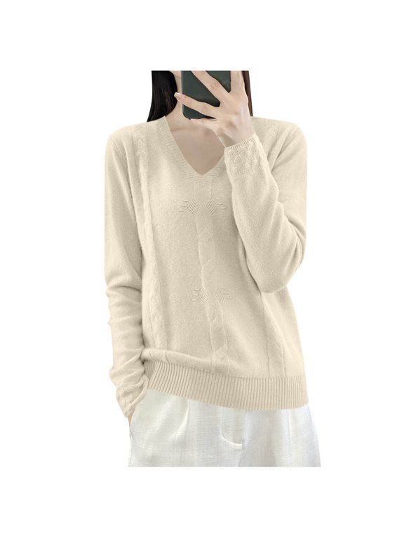 Women's Sweater V-Neck Long Sleeve Pullover Tops Loose Fashion Casual Lightweight Fall Winter Outwear Warm Sweater(Medium,Beige)