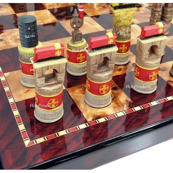 BNSF Santa Fe Railroad TRAIN Chess Set W 18" Gloss Cherry Color Board Trains