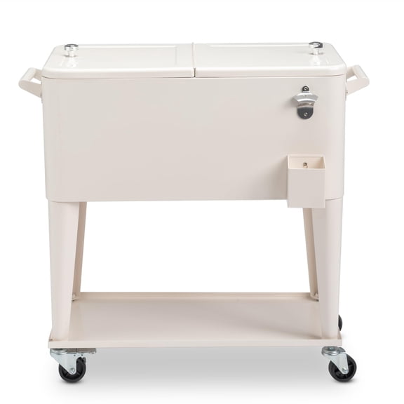 BNSPLY 80 Quart Outdoor Cooler Cart Rolling Ice Chest Cooler Cart, Portable Patio Cooler with Bottle Opener, Handles and Drainage, Standing Cooler for Patio Party, Camping and BBQ, White