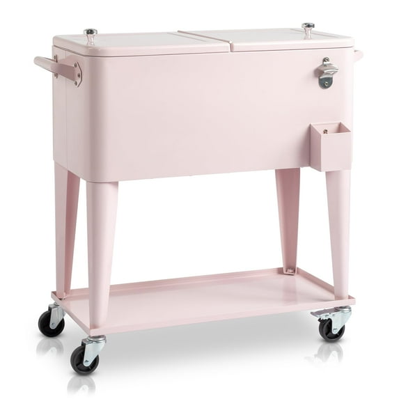 BNSPLY 80 Quart Outdoor Cooler Cart Rolling Ice Chest Cooler Cart, Portable Patio Cooler with Bottle Opener, Handles and Drainage, Standing Cooler for Patio Party, Camping and BBQ, Pink