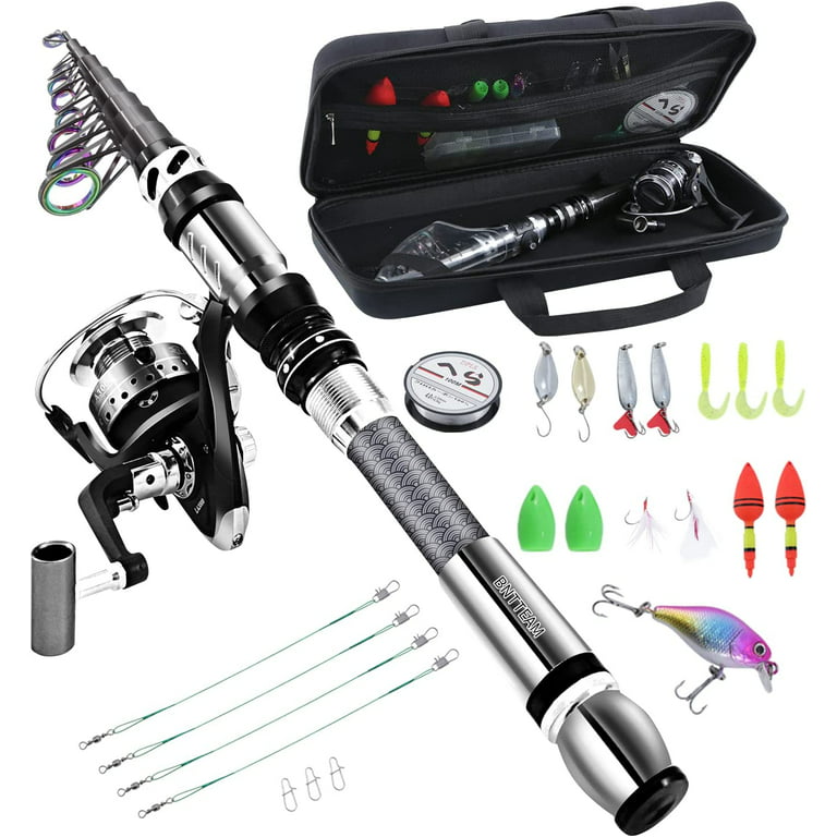BNTTEAM Portable Fishing Spinning Rod and Reel Combo set Carbon Fiber  Fluorescent Rod Tip, with Fishing Lures Line Carrier Bag Kits for Travel Surf  Saltwater Freshwater 