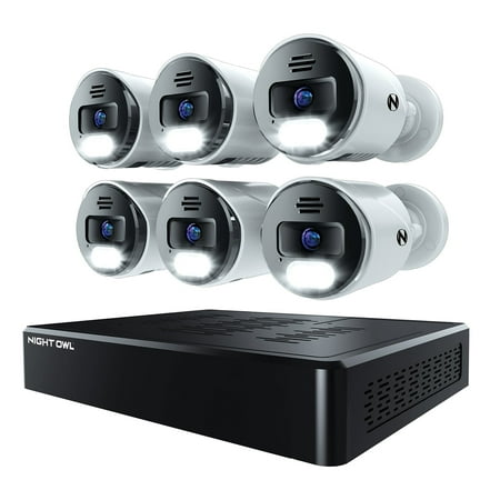 Night Owl - 12 Channel, 6 - Camera Indoor / Outoor Wired 4K 2TB NVR Security System with 2- Way Audio - Black/White