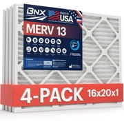 BNX 16x20x1 MERV 13 Air Filter 4 Pack - MADE IN USA - Electrostatic Pleated Air Conditioner HVAC AC Furnace Filters - Removes Pollen, Mold, Bacteria, Smoke