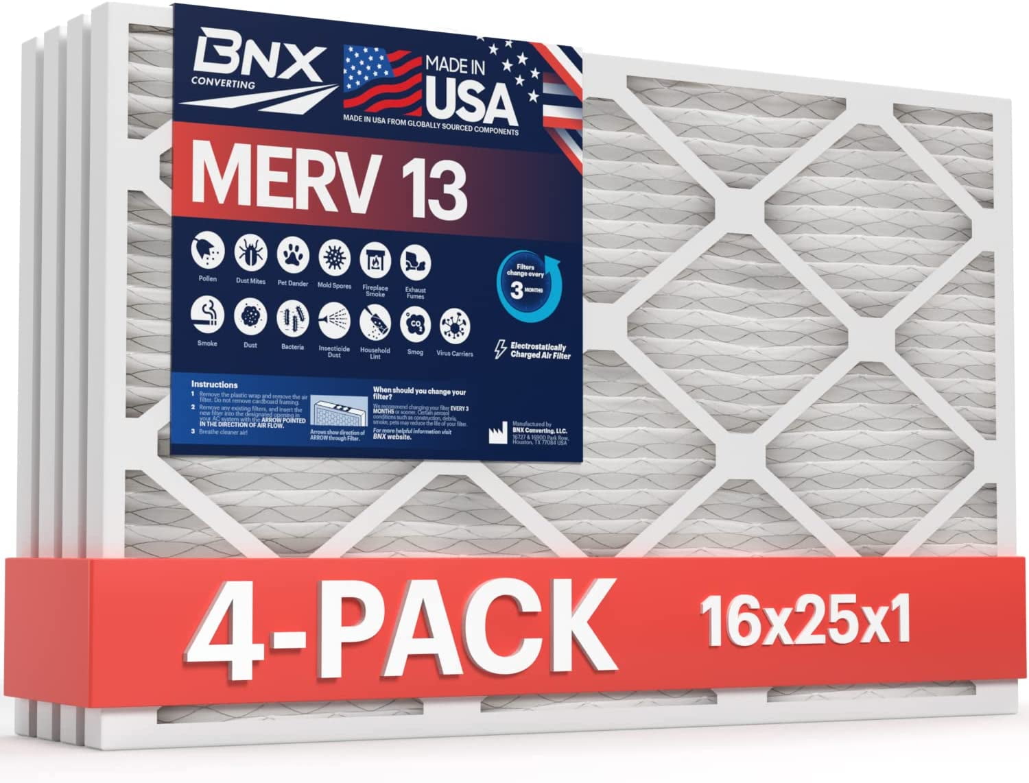 BNX 16x25x1 MERV 13 Electrostatic Furnace Air Filters 4-Pack