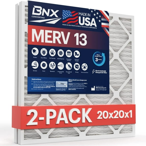 BNX 20x20x1 MERV 13 Air Filter 2 Pack - MADE IN USA - Electrostatic Pleated Air Conditioner HVAC AC Furnace Filters - Removes Pollen, Mold, Bacteria, Smoke
