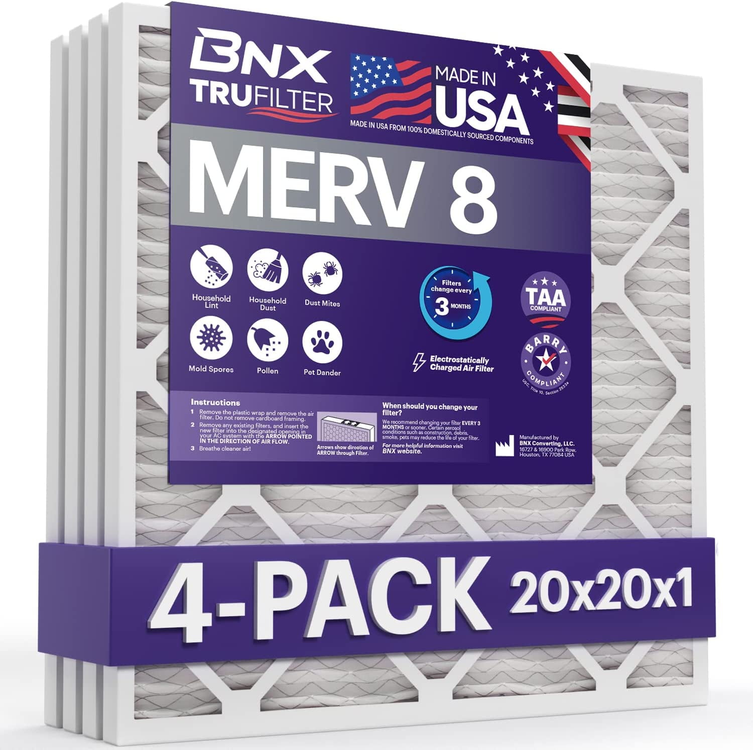 BNX 20x20x1 MERV 8 Air Filter 4 Pack MADE IN USA Electrostatic
