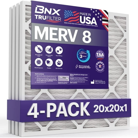 BNX 20x20x1 MERV 8 Air Filter 4 Pack - MADE IN USA - Electrostatic Pleated Air Conditioner HVAC AC Furnace Filters - Removes Dust, Mold, Pollen, Lint