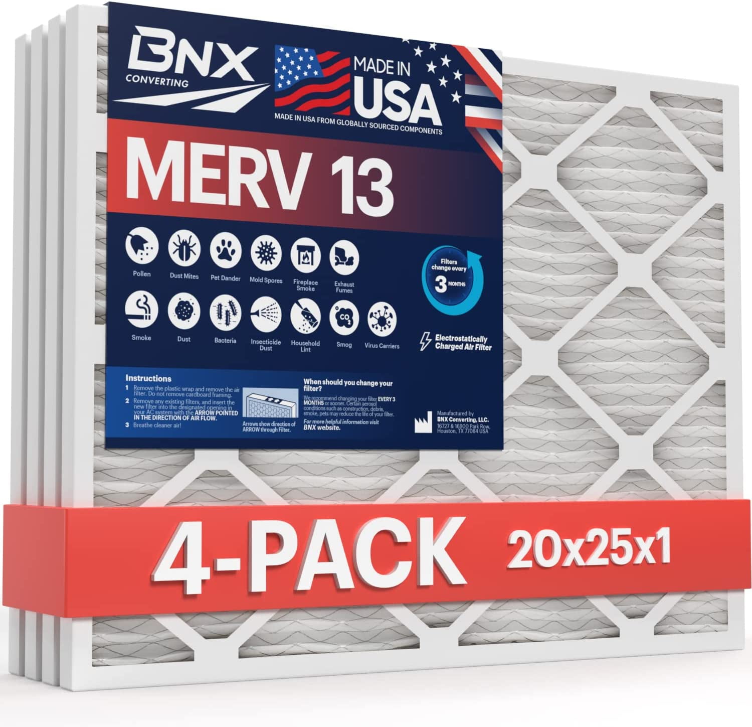 BNX 20x25x1 MERV 13 Air Filter 4 Pack MADE IN USA Electrostatic Pleated Air Conditioner HVAC