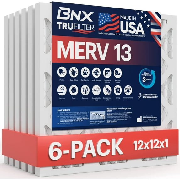 BNX TruFilter 12x12x1 Air Filter MERV 13 (6-Pack) - MADE IN USA - Electrostatic Pleated Air Conditioner HVAC AC Furnace Filters for Allergies, Pollen, Mold, Bacteria, Smoke, Allergen, MPR 1900 FPR 10