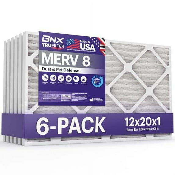 BNX TruFilter 12x20x1 Air Filter MERV 8 (6-Pack) - MADE IN USA – Dust & Pet Defense Pleated Air Conditioner HVAC AC Furnace Filters for Dust, Pet, Mold, Pollen MPR 600 – 700 & FPR 5