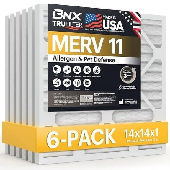 BNX TruFilter 14x14x1 Air Filter MERV 11 (6-Pack) - MADE IN USA - Allergen Defense Electrostatic Pleated Air Conditioner HVAC AC Furnace Filters for Allergies, Dust, Pet, Smoke, Allergy MPR 1200 FPR 7