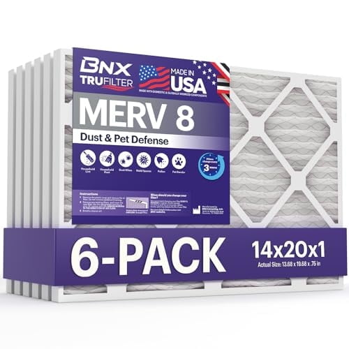 BNX TruFilter 14x20x1 Air Filter MERV 8 (6-Pack) - MADE IN USA – Dust & Pet Defense Electrostatic Pleated Air Conditioner HVAC AC Furnace Filters for Dust, Pet, Mold, Pollen MPR 600 – 700 & FPR 5
