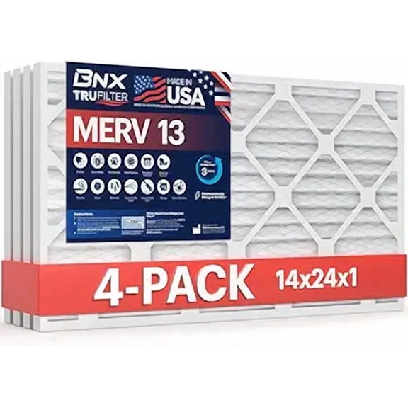 BNX TruFilter 14x24x1 Air Filter MERV 13 (4-Pack) - MADE IN USA - Electrostatic Pleated Air Conditioner HVAC AC Furnace Filters for Allergies, Pollen, Mold, Bacteria, Smoke, Allergen, MPR 1900 FPR 10