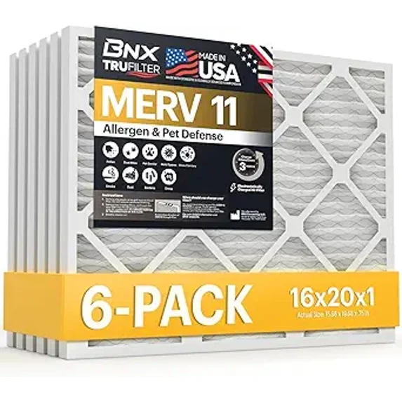 BNX TruFilter 16x20x1 Air Filter MERV 11 (6-Pack) - MADE IN USA - Allergen Defense Electrostatic Pleated Air Conditioner HVAC AC Furnace Filters for Allergies, Dust, Pet, Smoke, Allergy MPR 1200 FPR 7