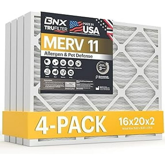 BNX TruFilter 16x20x2 Air Filter MERV 11 (4-Pack) - MADE IN USA - Allergen Defense Electrostatic Pleated Air Conditioner HVAC AC Furnace Filters for Allergies, Dust, Pet, Smoke, Allergy MPR 1200 FPR 7