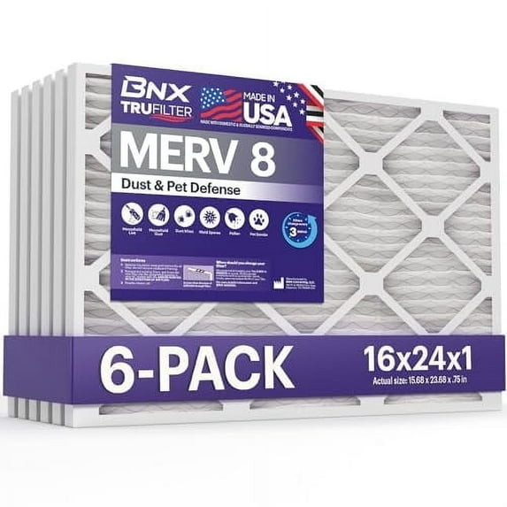 BNX TruFilter 16x24x1 Air Filter MERV 8 (6-Pack) - MADE IN USA – Dust & Pet Defense Pleated Air Conditioner HVAC AC Furnace Filters for Dust, Pet, Mold, Pollen MPR 600 – 700 & FPR 5