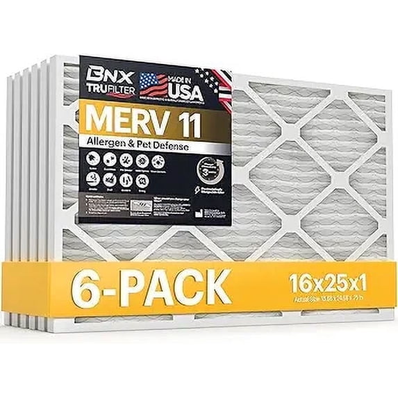 BNX TruFilter 16x25x1 Air Filter MERV 11 (6-Pack) - MADE IN USA - Allergen Defense Electrostatic Pleated Air Conditioner HVAC AC Furnace Filters for Allergies, MPR 1200 FPR 7
