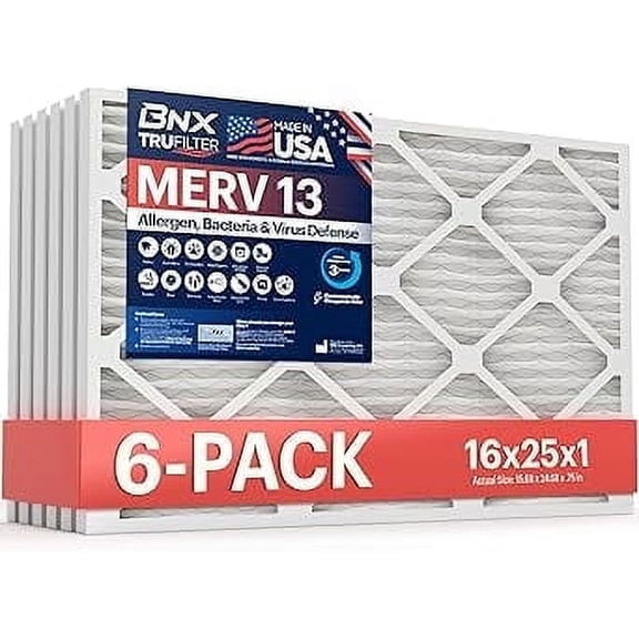BNX TruFilter 16x25x1 Air Filter MERV 13 (6-Pack) - MADE IN USA - Electrostatic Pleated Air Conditioner HVAC AC Furnace Filters for Allergies, Pollen, Mold, Bacteria, Smoke, Allergen, MPR 1900 FPR 10
