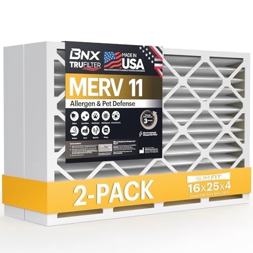 BNX TruFilter 16x25x4 (15.5’’ x 24.5’’ x 3.63‘’ Slim Fit) MERV 11 Air Filter 2-Pack - MADE IN USA - Air Conditioner Furnace Filters HVAC AC Furnace Filters for Allergy Dust, Pet, Mold, MPR 1200 FPR 7