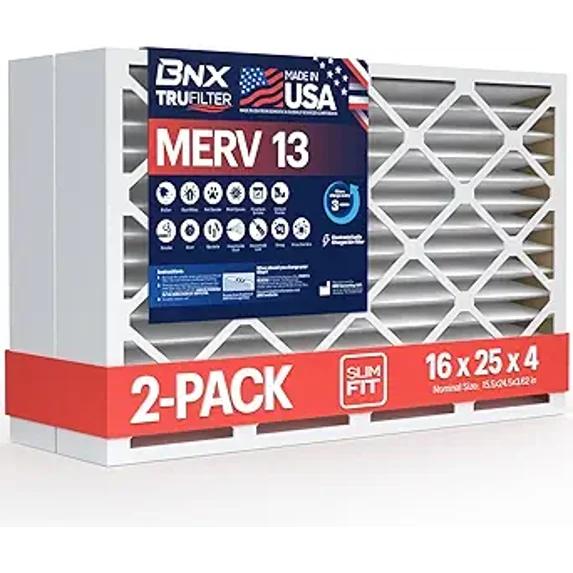 BNX TruFilter 16x25x4 (15.5’’ x 24.5’’ x 3.63‘’ Slim Fit) MERV 13 Air Filter (2-Pack) - MADE IN USA - Air Conditioner HVAC AC Furnace Filters Health, Allergies, Mold, Bacteria, Smoke, MPR 1900 FPR 10