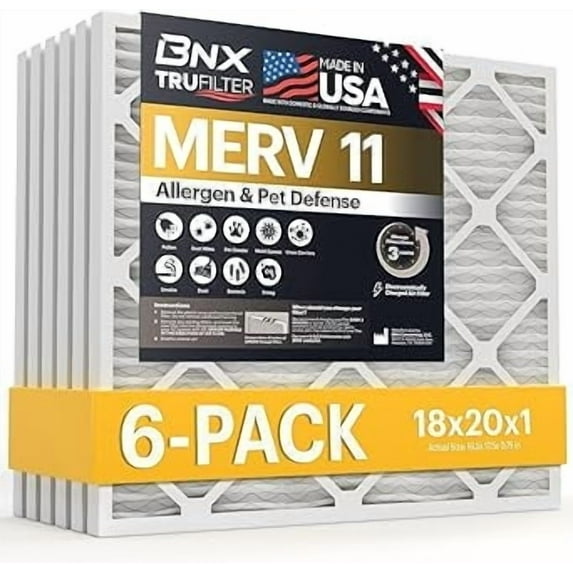 BNX TruFilter 18x20x1 Air Filter MERV 11 (6-Pack) - MADE IN USA - Allergen Defense Electrostatic Pleated Air Conditioner HVAC AC Furnace Filters for Allergies, Dust, Pet, Smoke, Allergy MPR 1200 FPR 7
