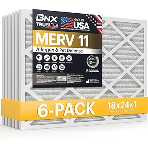 BNX TruFilter 18x24x1 Air Filter MERV 11 (6-Pack) - MADE IN USA - Allergen Defense Electrostatic Pleated Air Conditioner HVAC AC Furnace Filters for Allergies, Dust, Pet, Smoke, Allergy MPR 1200 FPR 7