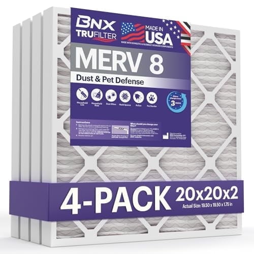 BNX TruFilter 20x20x2 Air Filter MERV 8 (4-Pack) - MADE IN USA  Dust & Pet Defense Electrostatic Pleated Air Conditioner HVAC AC Furnace Filters for Dust, Pet, Mold, Pollen MPR 600  700 & FPR 5