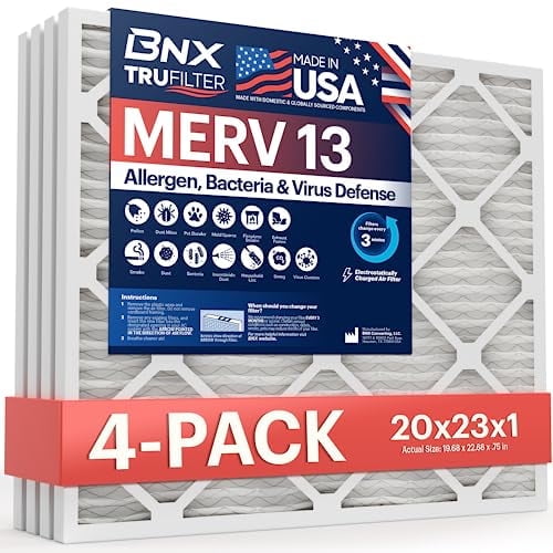 BNX TruFilter 20x23x1 Air Filter MERV 13 (4-Pack) - MADE IN USA - Electrostatic Pleated Air Conditioner HVAC AC Furnace Filters for Allergies, Pollen, Mold, Bacteria, Smoke, Allergen, MPR 1900 FPR 10