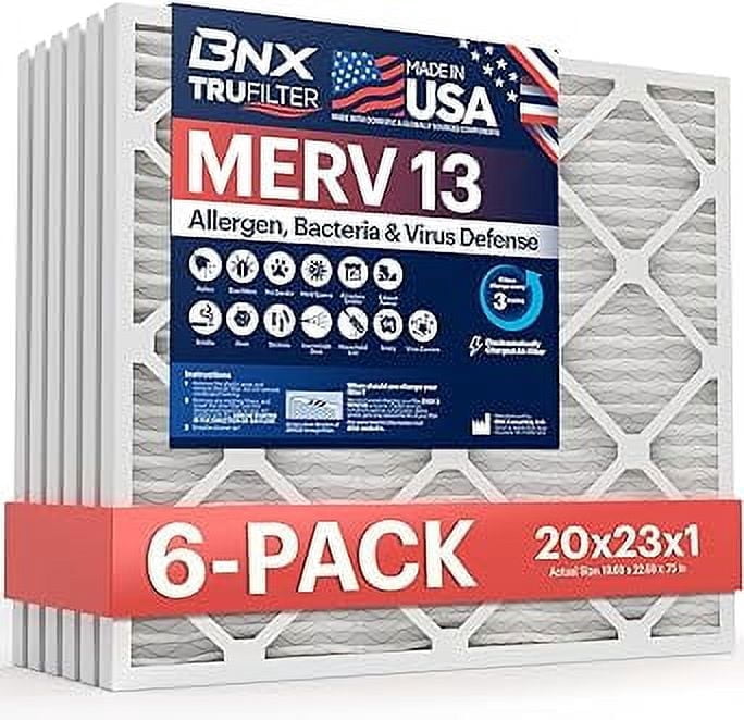 BNX TruFilter 20x23x1 Air Filter MERV 13 (6-Pack) - MADE IN USA - Electrostatic Pleated Air Conditioner HVAC AC Furnace Filters for Allergies, Pollen, Mold, Bacteria, Smoke, Allergen, MPR 1900 FPR 10