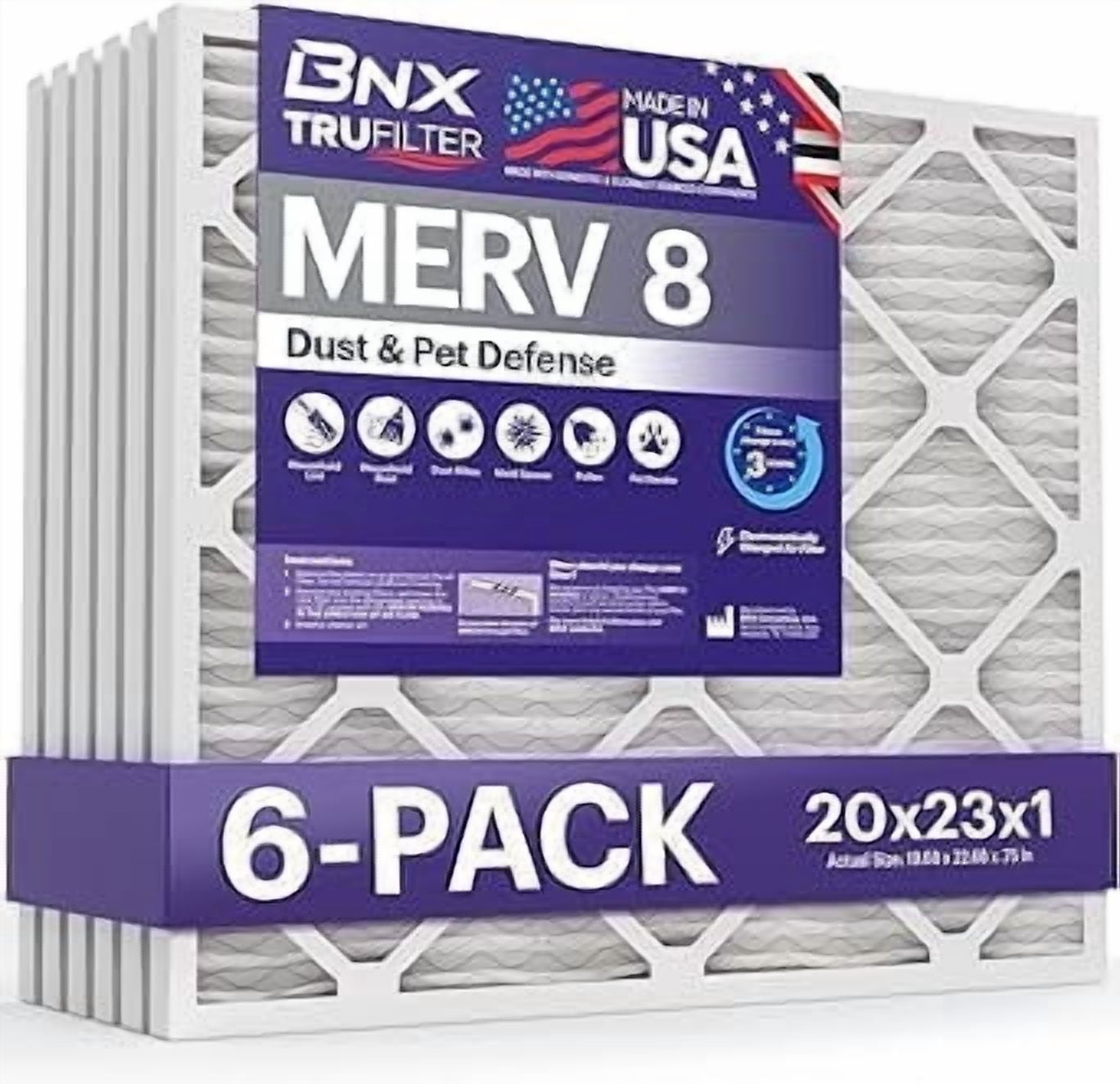 BNX TruFilter 20x23x1 Air Filter MERV 8 (6-Pack) - MADE IN USA – Dust & Pet Defense Electrostatic Pleated Air Conditioner HVAC AC Furnace Filters for Dust, Pet, Mold, Pollen MPR 600 – 700 & FPR 5