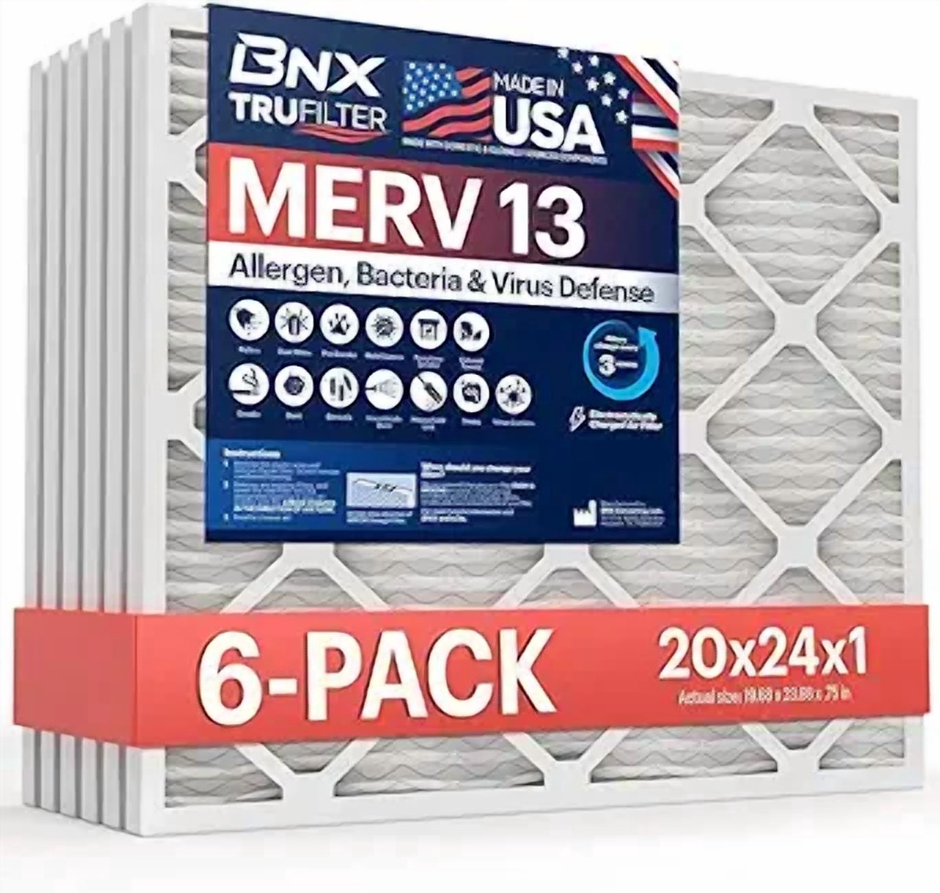 BNX TruFilter 20x24x1 Air Filter MERV 13 (6-Pack) - MADE IN USA - Electrostatic Pleated Air Conditioner HVAC AC Furnace Filters for Allergies, Pollen, Mold, Bacteria, Smoke, Allergen, MPR 1900 FPR 10