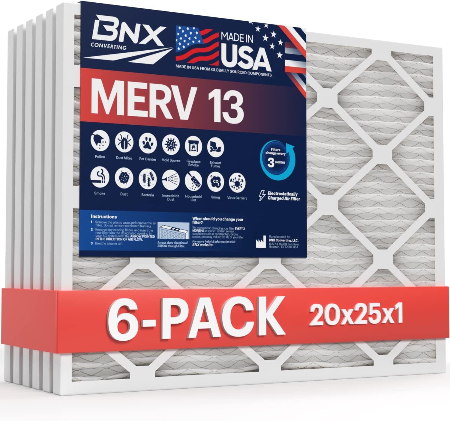 BNX TruFilter 20x25x1 Air Filter MERV 13 (6-Pack) - MADE IN USA - Electrostatic Pleated Air Conditioner HVAC AC Furnace Filters for Allergies, Pollen, Mold, Bacteria, Smoke, Allergen, MPR 1900 FPR 10