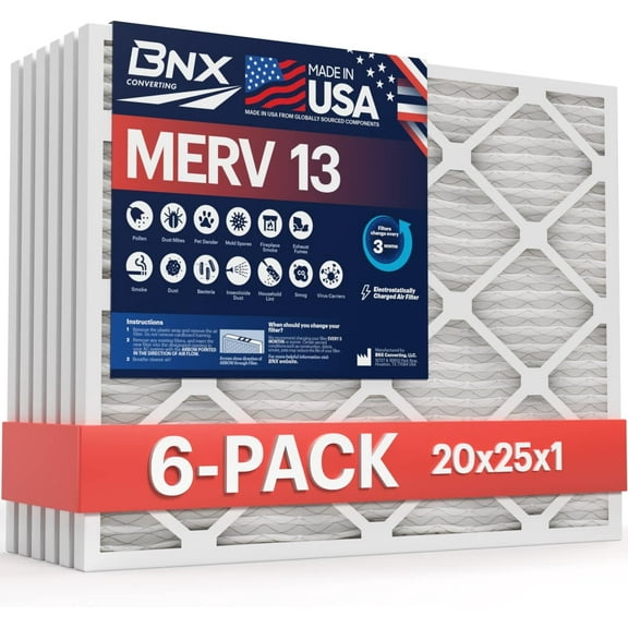 BNX TruFilter 20x25x1 Air Filter MERV 13 (6-Pack) - MADE IN USA - Electrostatic Pleated Air Conditioner HVAC AC Furnace Filters for Allergies, Pollen, Mold, Bacteria, Smoke, Allergen, MPR 1900 FPR 10