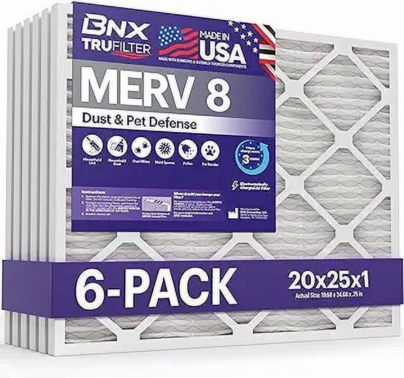 BNX TruFilter 20x25x1 Air Filter MERV 8 (6-Pack) - MADE IN USA – Dust & Pet Defense Electrostatic Pleated Air Conditioner HVAC AC Furnace Filters for Dust, Pet, Mold, Pollen MPR 600 – 700 & FPR 5
