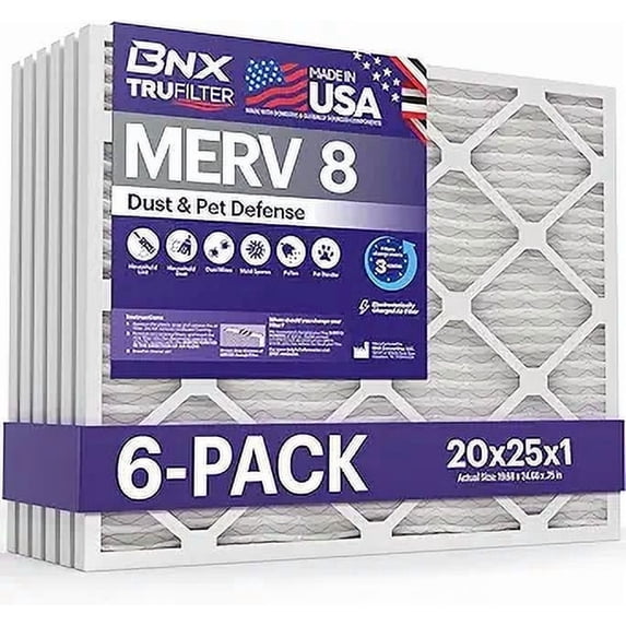 BNX TruFilter 20x25x1 Air Filter MERV 8 (6-Pack) - MADE IN USA – Dust & Pet Defense Electrostatic Pleated Air Conditioner HVAC AC Furnace Filters for Dust, Pet, Mold, Pollen MPR 600 – 700 & FPR 5