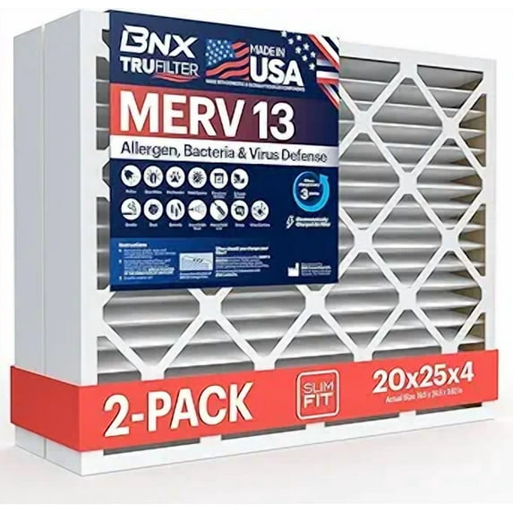 BNX TruFilter 20x25x4 (19.5’’ x 24.5’’ x 3.63‘’ Slim Fit) MERV 13 Air Filter (2-Pack) - MADE IN USA - Air Conditioner HVAC AC Furnace Filters Health, Allergies, Mold, Bacteria, Smoke, MPR 1900 FPR 10