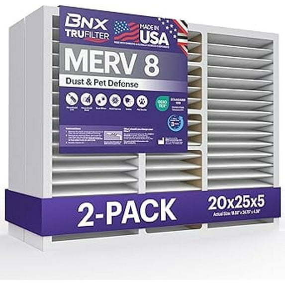BNX TruFilter 20x25x5 (19.88’’ x 24 75’’ x 4.38‘ Honeywell Compatible 4”) MERV 8 Air Filter (2-Pack) - MADE IN USA - Air Conditioner Furnace Filters for Dust, Pet, Mold, Pollen MPR 600 – 700 & FPR 5