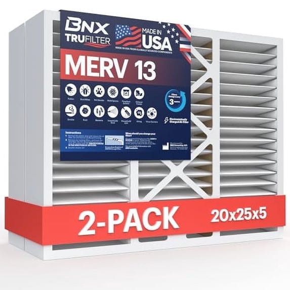 BNX TruFilter MERV 13 white 20x25x5 in air filter 2-pack for HVAC AC furnace