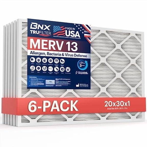 BNX TruFilter 20x30x1 Air Filter MERV 13 (6-Pack) - MADE IN USA - Electrostatic Pleated Air Conditioner HVAC AC Furnace Filters for Allergies, Pollen, Mold, Bacteria, Smoke, Allergen, MPR 1900 FPR 10