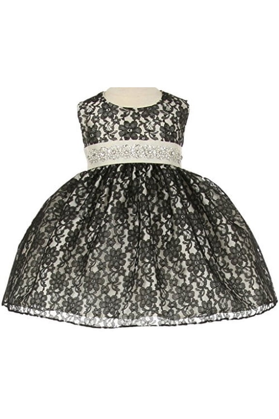 Baby Flower Girl Dress Overlay Lace Rhinestone Belt Black Ivory (Baby) M 1132BT