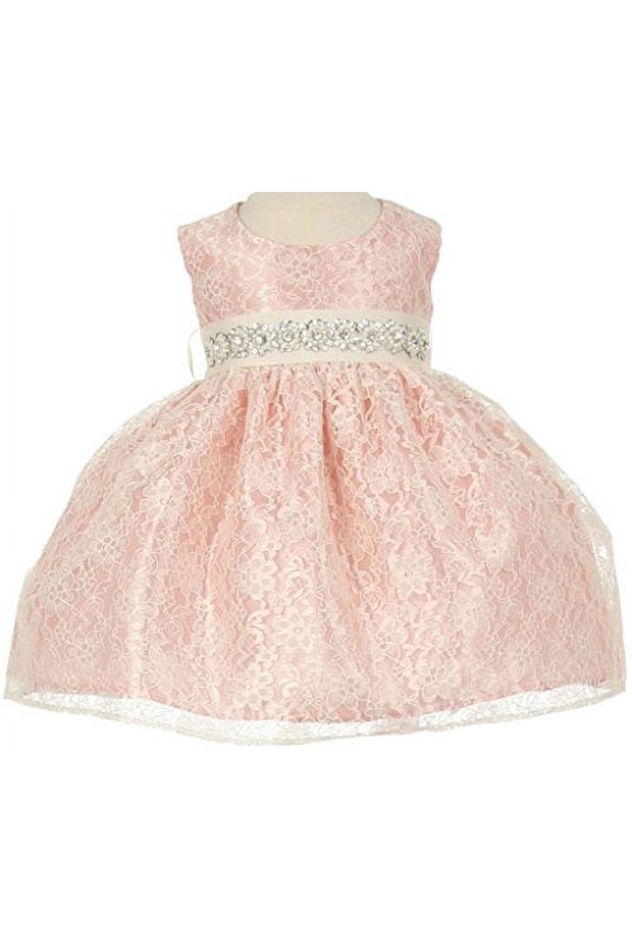 Baby Flower Girl Dress Overlay Lace Rhinestone Belt Dusty Rose (Baby) S 1132BT