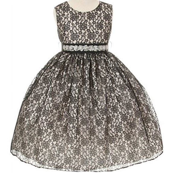BNY Corner Flower Girl Dress Overlay Lace & Rhinestone Belt Black Black 12 1132BT