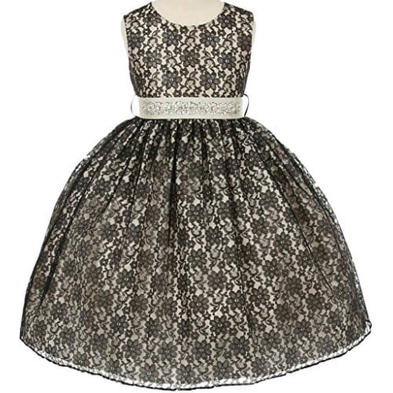 BNY Corner Flower Girl Dress Overlay Lace & Rhinestone Belt Black Ivory 8 1132BT