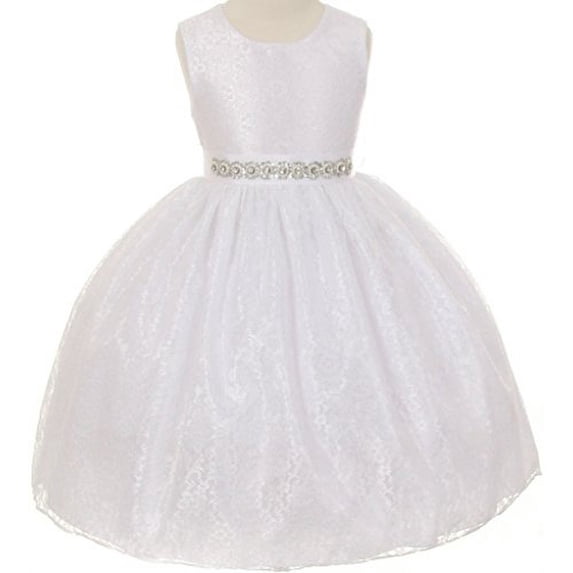 BNY Corner Flower Girl Dress Overlay Lace & Rhinestone Belt White 4 1132BT