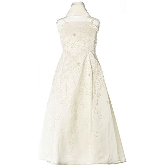 BNY Corner Satin A-line Dress with Flower Beads for Flower Girl & Big Girl Ivory 14 HC1082