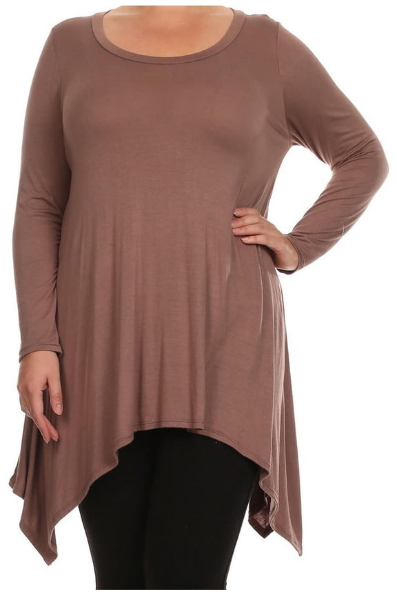 Women Plus Size Long Sleeve Asymmetrical Hem Casual Tunic Top Shirt Mocha XL (D396 SD)
